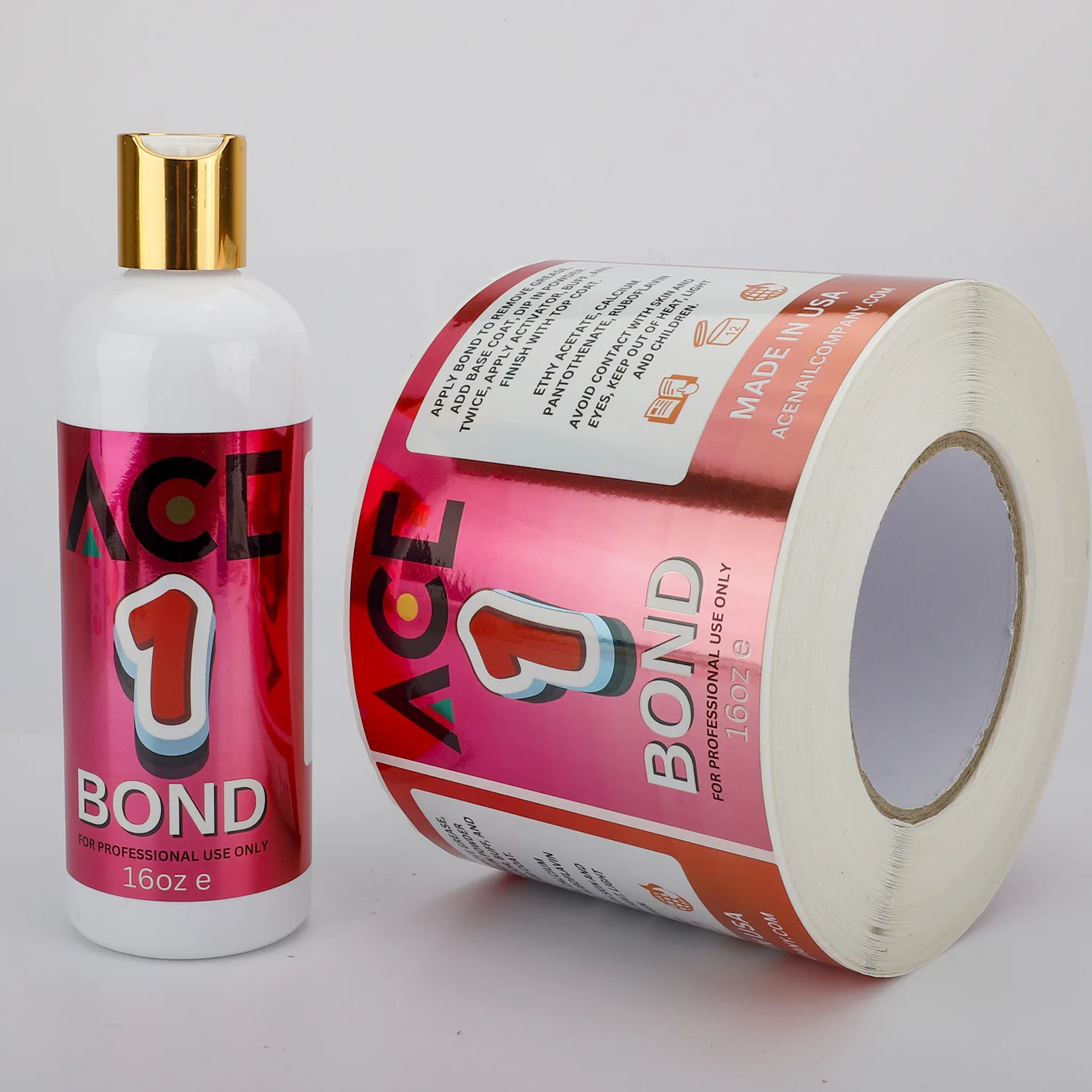 High-gloss metallic foil self adhesive cosmetic label on a beauty bottle, manufactured by Labelex