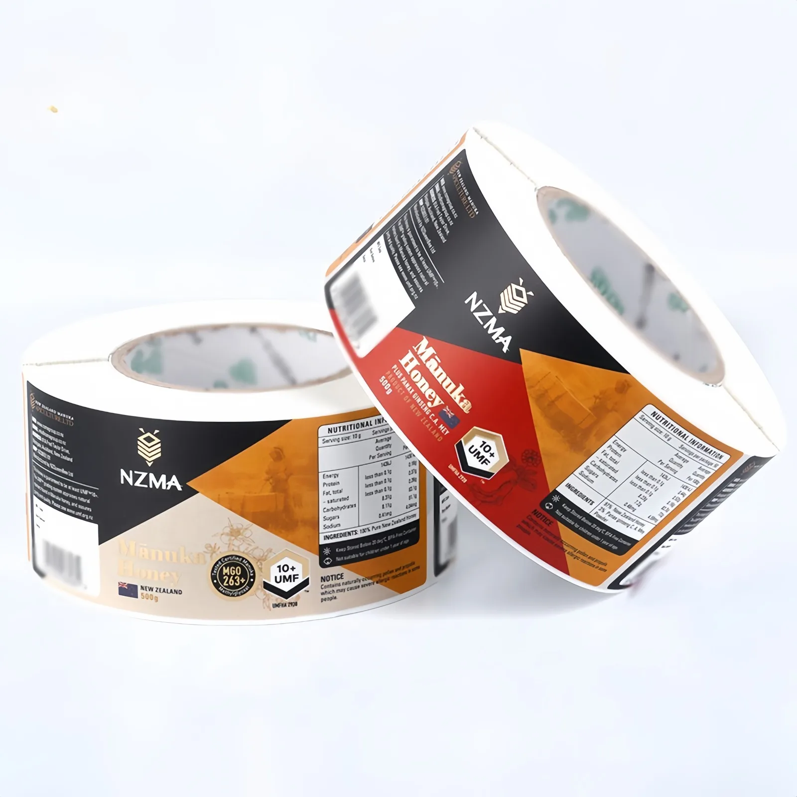 Self adhesive food labels for Manuka honey printed and finished on the roll by Labelex