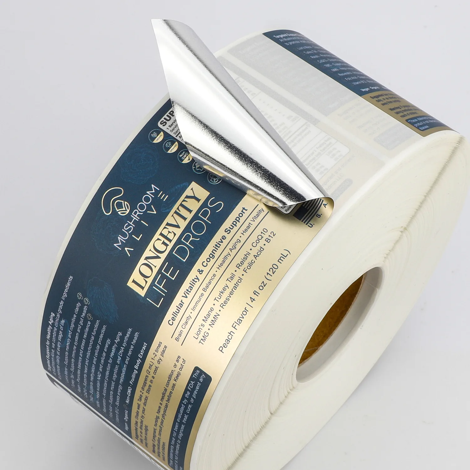 Silver metallised self adhesive label for a premium supplement, finished on the roll by Labelex