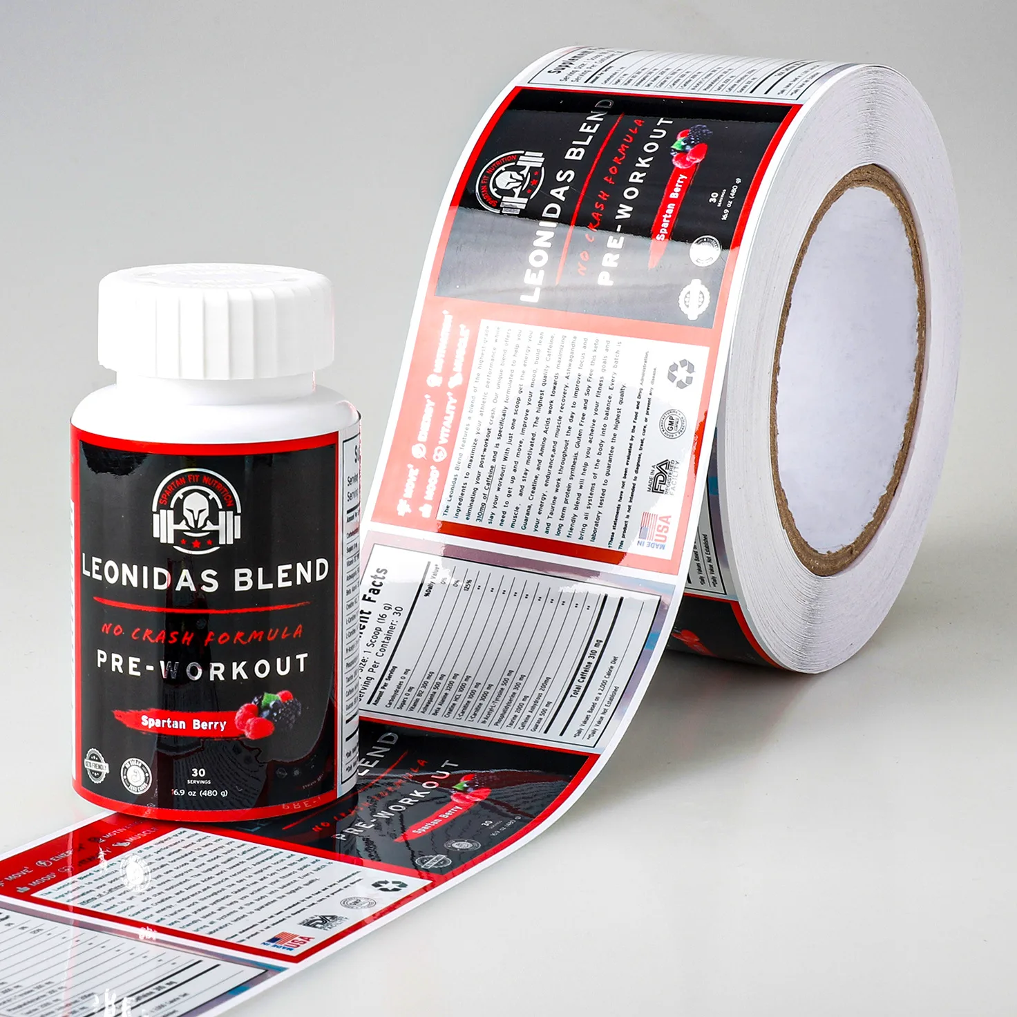 Self adhesive supplement label for a pre-workout bottle, printed on the roll by Labelex