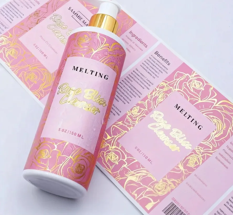 Gold foil rose self adhesive cosmetic label on a skincare cleanser bottle, manufactured by Labelex