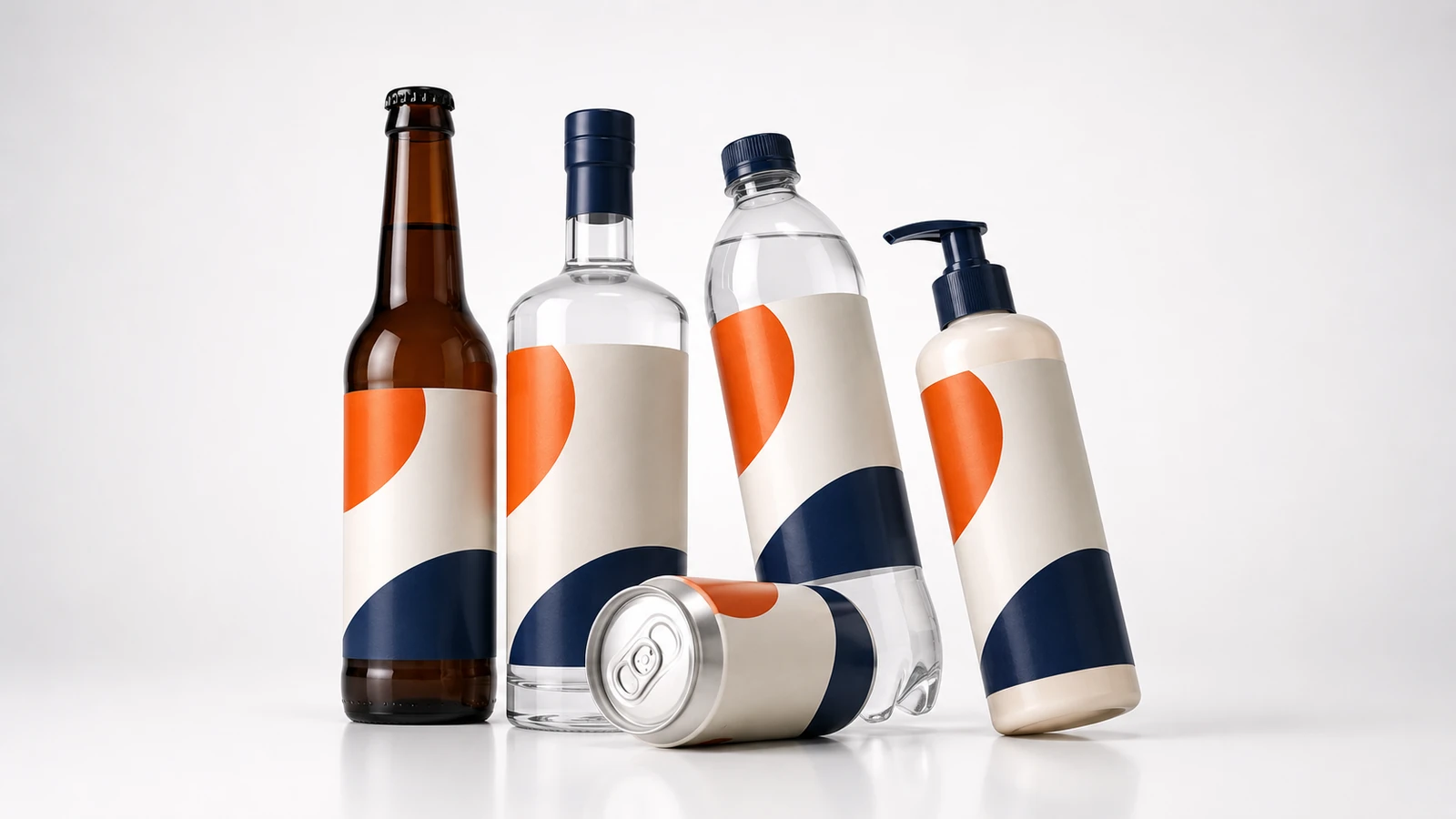 Hot melt glue wraparound labels on a beer bottle, spirit bottle, clear PET bottle, pump bottle and aluminium can — the Labelex hot melt cylindrical label range